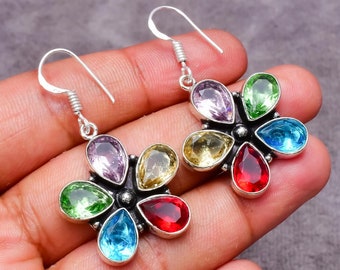 Multi Stone 925 Sterling Silver Earrings Handmade Multi Stone Floral Gemstone Earring Gift For Mom Multi stone silver Handmade Jewelry Gift