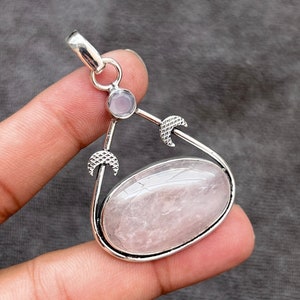 Rose Quartz Pendant 925 Sterling Silver Pendant Handmade Rose Quartz Moon Gemstone Pendant Gift For Mom Birthstone Handmade Jewelry Gift