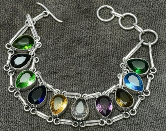 Multi Gemstone 925 Sterling Silver Bracelet - Handmade Jewelry
