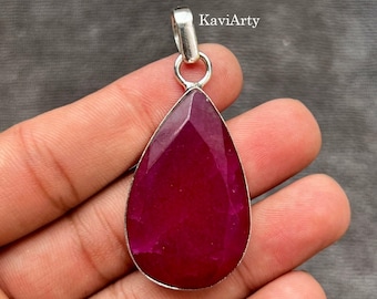 Handmade Pear Kashmir Ruby Pendant: 925 Sterling Silver Gemstone Jewelry