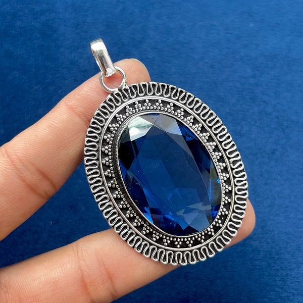 Blue Sapphire Pendant 925 Sterling Silver Pendant Handmade Blue Sapphire Gemstone Pendant Gift For Mom Love Handmade Jewelry Gift