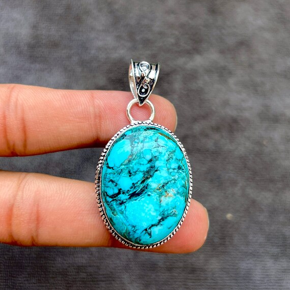 Pendentif En Argent Sterling 925 Avec Turquoise Verte - Fait Main - Neuf