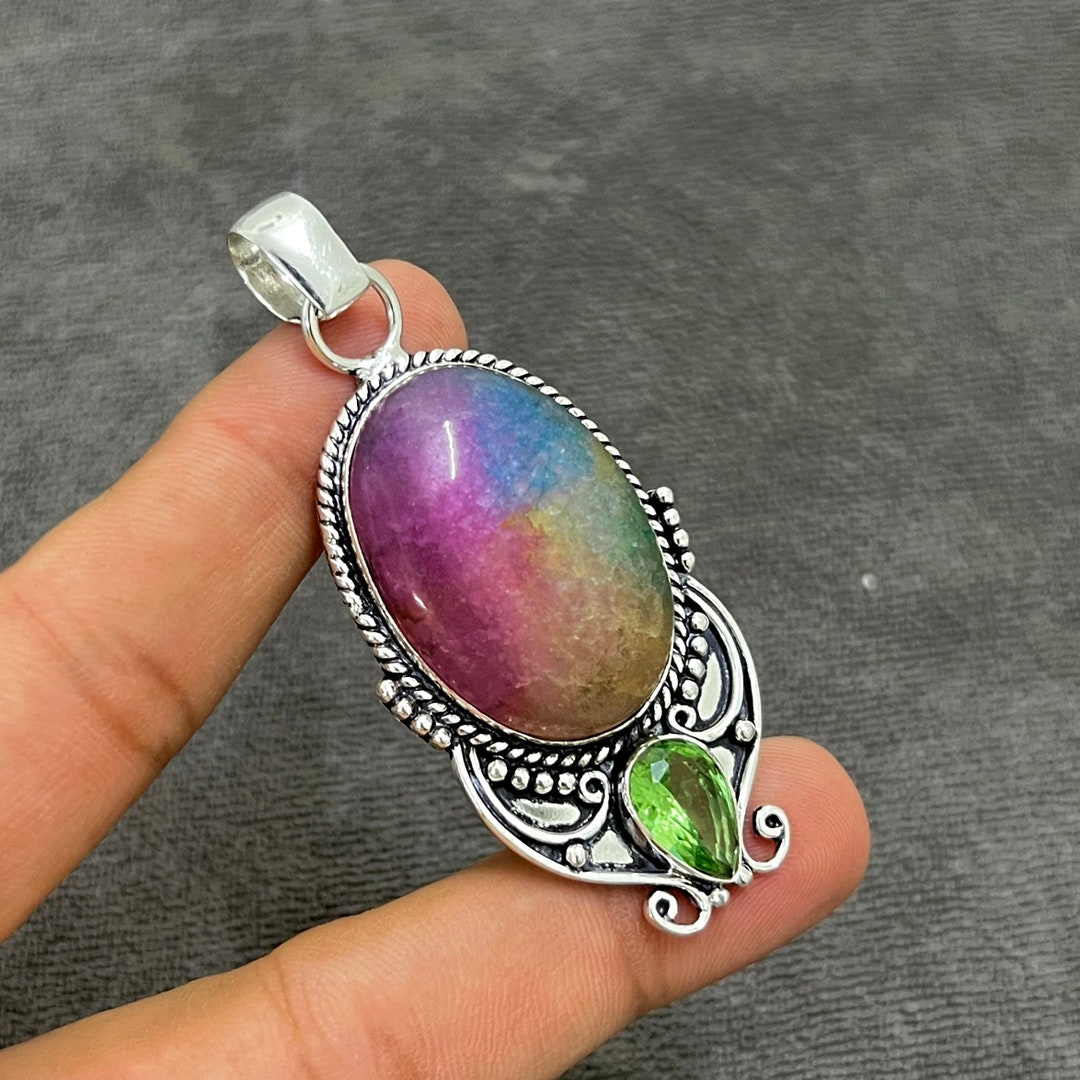 Pendentif En Argent Sterling 925 Avec Quartz Solaire Arc-en-ciel – Fait Main – Neuf Sans Emballage
