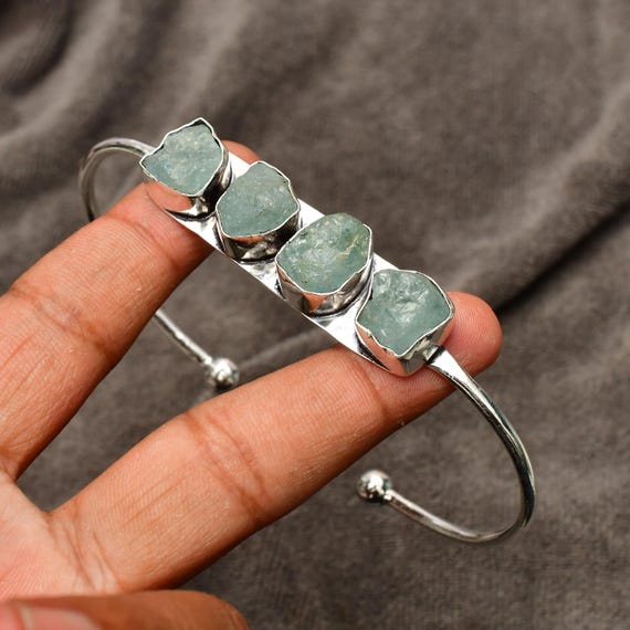 Aquamarine Gemstone Handmade 925 Sterling Silver Cuff  Aquamarine 925 Sterling Silver Cuff Bracelet main image 2