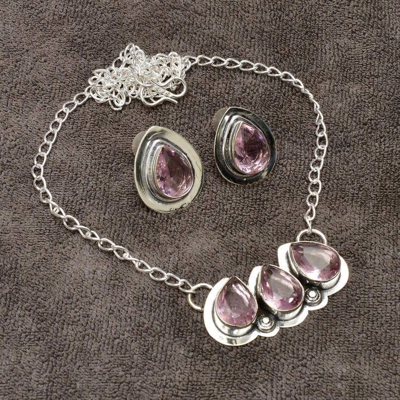Pink Kunzite Gemstone Handmade 925 Sterling Silver Necklace Earrings