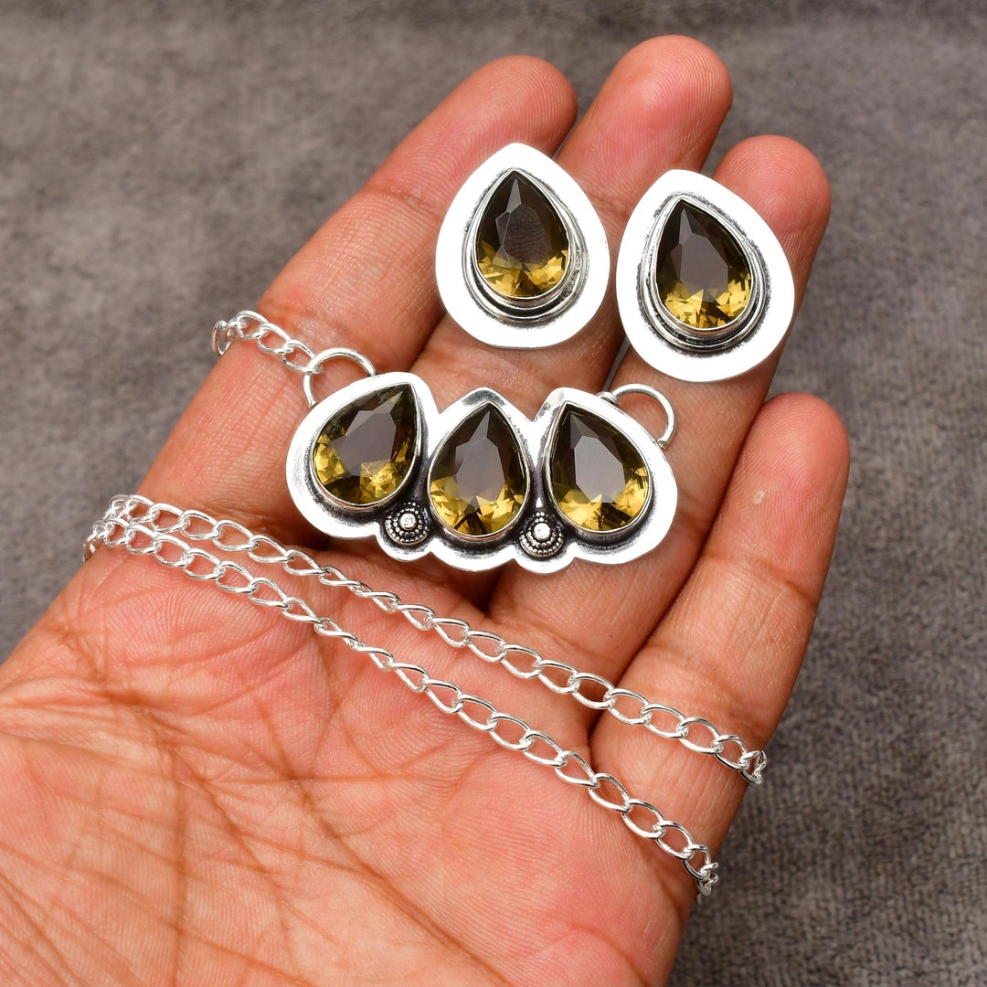 Smoky Quartz Gemstone Handmade 925 Sterling Silver Necklace Earrings