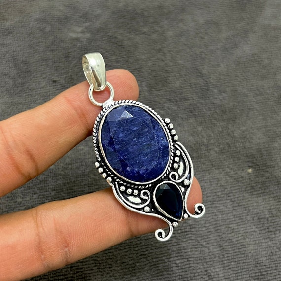 Faceted Blue Sapphire 925 Sterling Silver Handmade Pendant