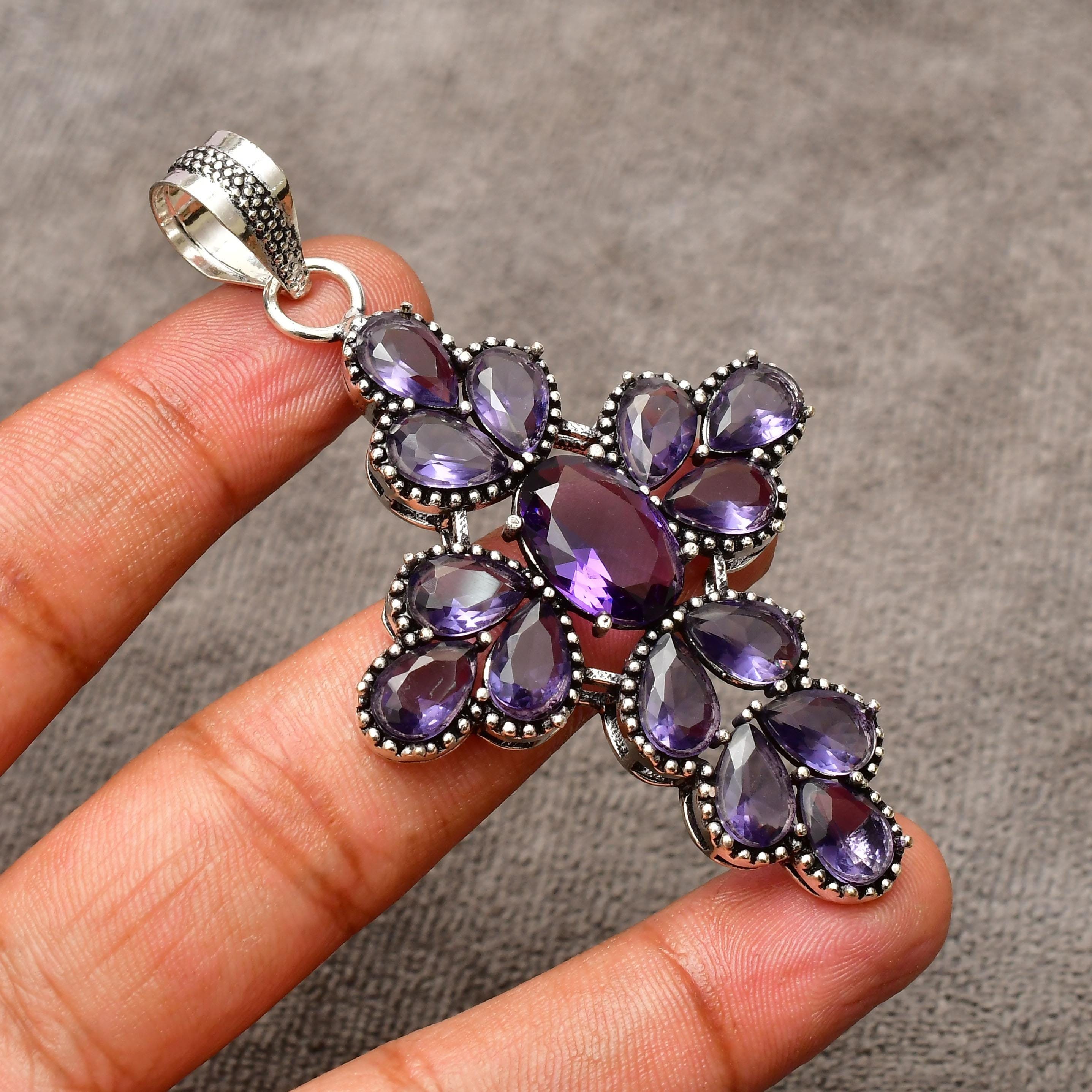 Amethyst Pendant Multi stone Necklace Amethyst 925 Sterling Silver jewellery Handmade Amethyst Simple Setting Jewelry Big size Pendant