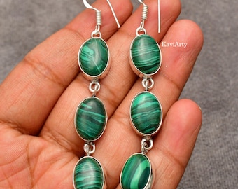 Handmade Malachite Gemstone Earrings: 925 Sterling Silver Jewelry