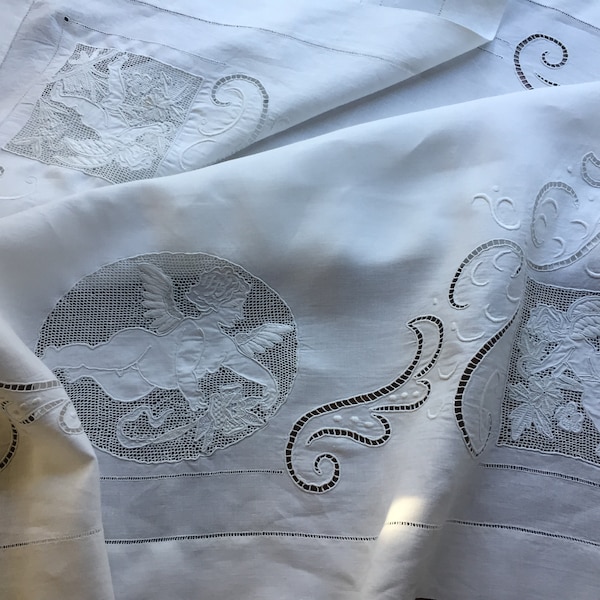 ANTIQUE PILLOWSHAM Fine White Italian Linen with beautiful Putti/Cherubs embroidery and Cutwork Gorgeous Handwork No FlawsC1910