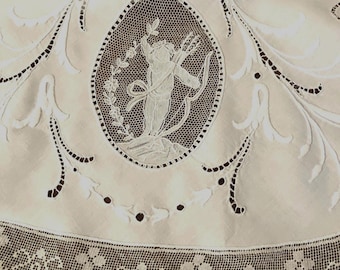 ROUND ANTIQUE White Tablecloth Figural with Hand Lace Cherubs C1900