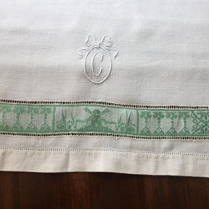 VINTAGE KITCHEN Towel with Dutch Motif Windmill and Sailing Ships Also &quot;C&quot; Initial