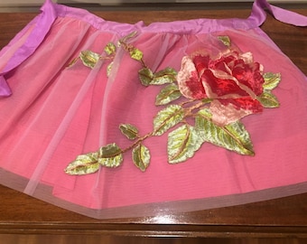 VINTAGE ROSE Embroidered Apron Brilliant Shades of Red and Pink on a Gathered Transparent Background, Lovely, Quite Unique and Handmade