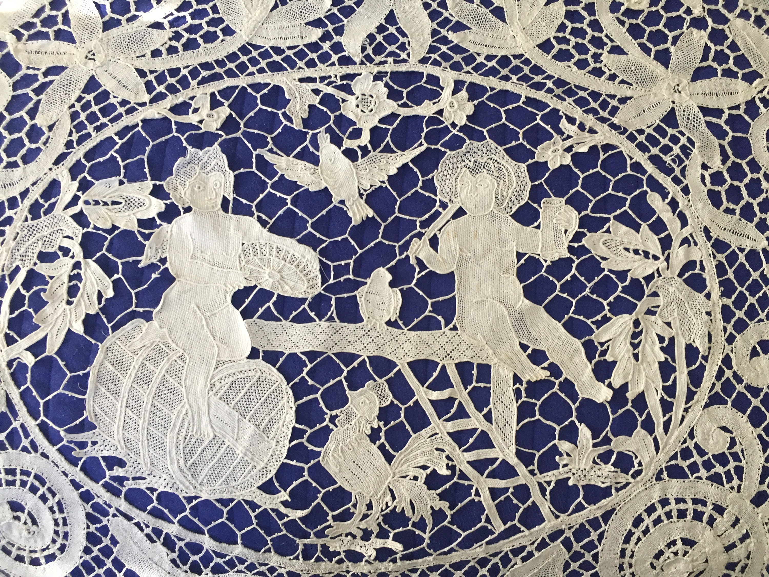 CURTAIN PANEL Antique Beautiful Figural Pictorial Scenes in Hand Point de Venise lace Cupids Surrounded by Bobbin Lace Flowers Made in Italy