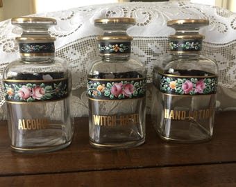 VINTAGE VANITY BOTTLES Sweet Trio of Little bottles for my Ladys Dresser or bathroom Pink Rose Design
