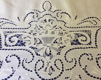 ANTIQUE LINEN Sheet White with Beautiful Hand Work  Point de Venise Lace, Filet Lace Great Condition Embroidery and Cut-work C1900's
