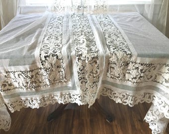 Antique Battenburg Lace Curtains: Extra Long Handmade Netting, C1920s