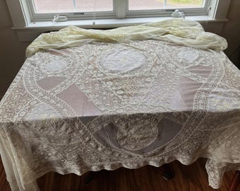 NORMANDY LACE Bedcover Made in France in Approximately 1940 Patchwork Lace Sections of Lawn with Floral Embroidery, Pale Yellow