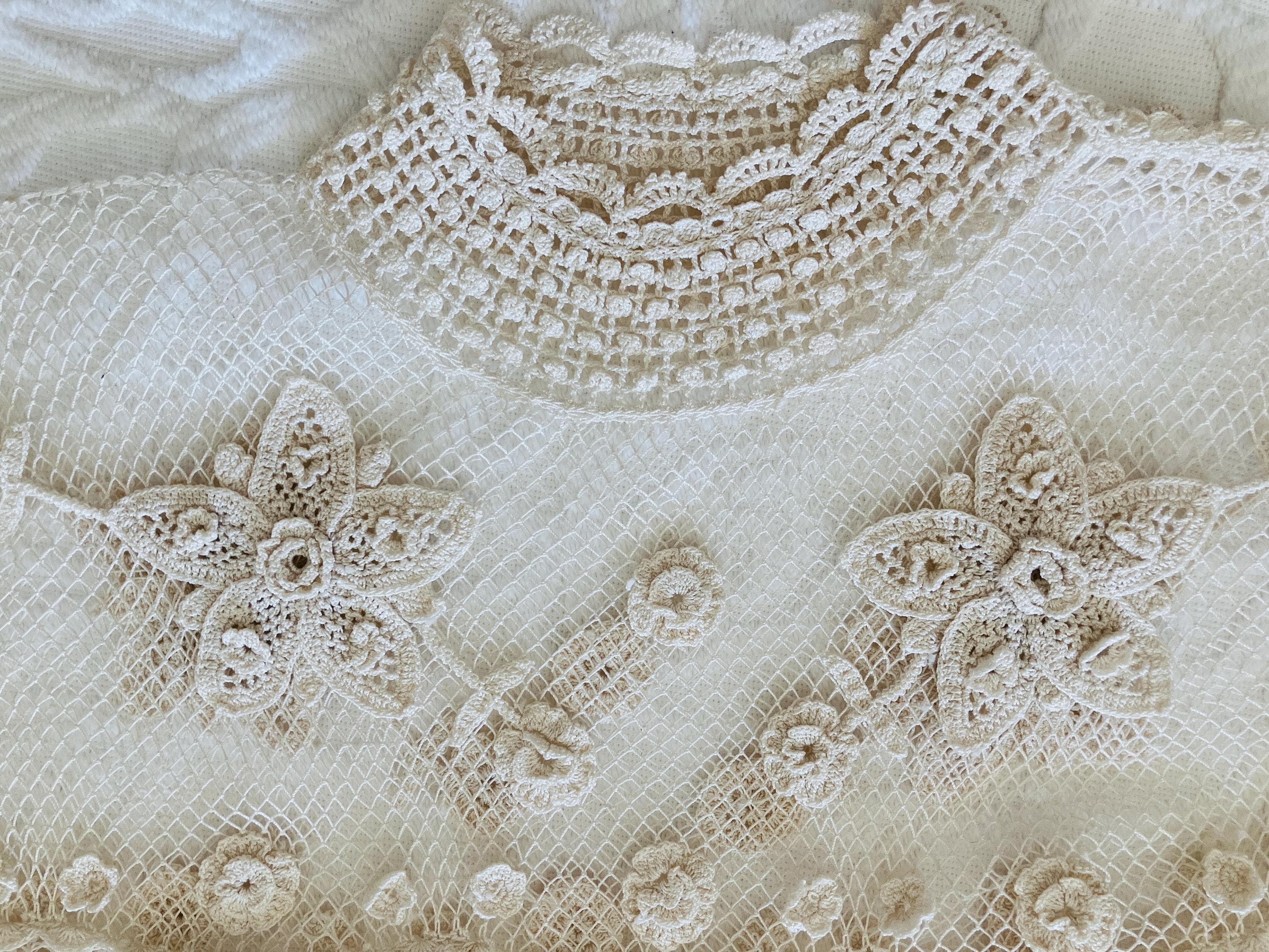 Vintage 1940s Cream Netting Dress: Lacy Floral Ruffled Hem, Short Sleeve