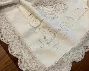 Antique Italian Linen Tablecloth: Hand Lace Embroidery, Point de Venise Lace
