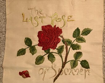 Vintage Rose Embroidery Pillow Top: 1940s Linen Needlework