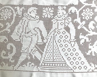 Antique Italian Linen Tablecloth: Figural Drawnwork, Bobbin Lace, Monogrammed