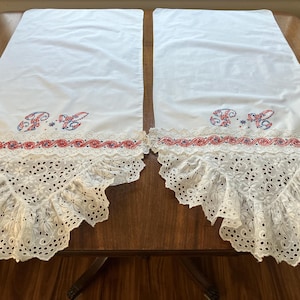 Vintage Pillowcases Pair: Turkey Red Embroidery, Broderie Anglaise Lace, Monogrammed JC