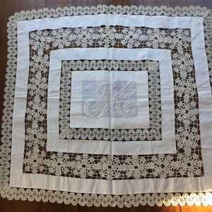 Antique Lace Bed Cover Set: Embroidered Initials, Hand Sewn C1920