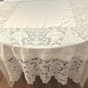 Antique Italian Linen Tablecloth: Figural Drawnwork, Bobbin Lace, Monogrammed