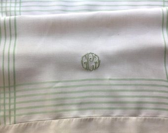 ANTIQUE TOWELS 3 White Huck Linen with green Stripes and Green Embroidered Monogram Drawn Thread Work on Hems Set of Three Large Cottage
