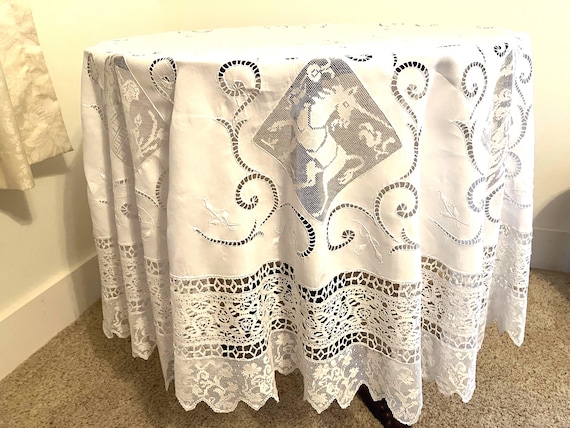 ROUND FIGURAL Antique Tablecloth St George and Dragon Lion Unicorn Mythical Creatures Hand Laces