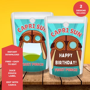 May include: Two Capri Sun juice pouch labels with aviator goggles and the text "Capri Sun" in red. One label says "Happy Birthday!" and "Fruit Punch". The other says "Fruit Punch". Includes "Instant Download".
