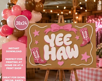 Arte de parede de vaqueira rosa retrô Yeehaw, pôster imprimível 24x36, estampa western Coquette Bow, decoração moderna para dormitório, estética para download digital.