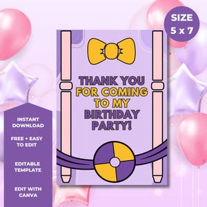 May include: A 5x7 inch birthday party invitation card with a purple background. The card features a yellow bow tie, suspenders, and the text "THANK YOU FOR COMING TO MY BIRTHDAY PARTY!" The card is an instant download and editable.
