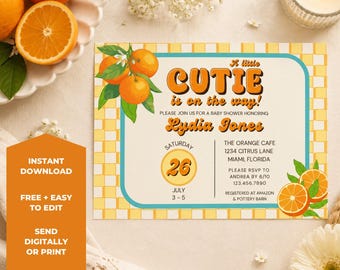 Placa de boas-vindas para chá de bebê "Little Cutie", decoração retrô laranja para festa, pôster digital para impressão, painel de entrada unissex.