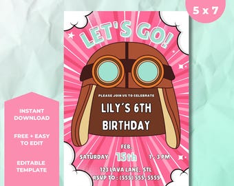 Luftfahrt Mädchen-Geburtstagseinladung | Pink Pilot Geburtstagseinladung | Bearbeitbare Flugzeug Party Einladung | Sofortdownload | Canva Vorlage