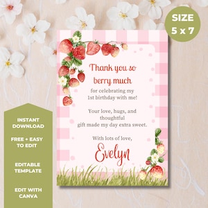 Erdbeer-Dankeskarte zum Geburtstag | Berry Sweet 1st Geburtstag bearbeitbare Vorlage | Babyparty | Picknick-Party Printable | Sofort Download