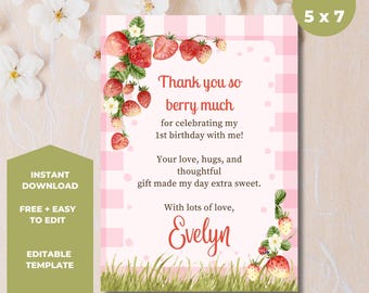 Strawberry Birthday Thank You Card: Berry Sweet Party Template (Digital Download)