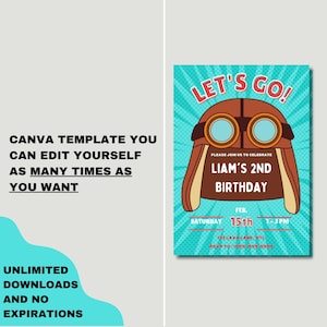 Puede incluir: Una invitaci&oacute;n de cumplea&ntilde;os turquesa con un gr&aacute;fico de casco de aviador de dibujos animados. La invitaci&oacute;n dice "Let's Go!" y "Liam's 2nd Birthday". El texto adicional incluye la fecha, la hora y los detalles de la ubicaci&oacute;n. Es una plantilla de Canva.
