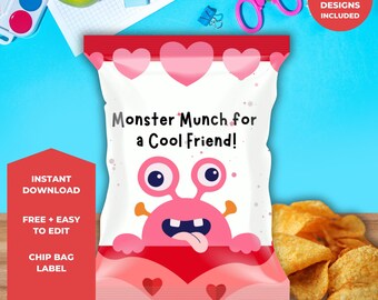 Etiqueta para Pacote de Batatas Fritas com Monstros para o Dia dos Namorados | Lembrancinha Divertida para a Sala de Aula (Modelo do Canva)