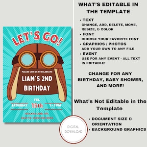 Puede incluir: Una plantilla de invitaci&oacute;n de cumplea&ntilde;os digital con un tema de aviador vintage. La invitaci&oacute;n presenta un casco de piloto marr&oacute;n con gafas, el texto "LET'S GO!" y detalles para el segundo cumplea&ntilde;os de Liam, incluyendo fecha, hora y lugar.