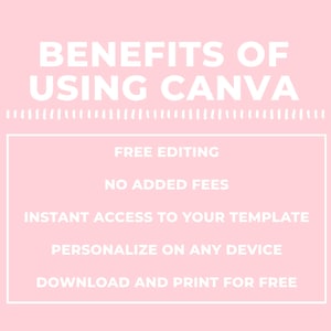 Puede incluir: Gr&aacute;fico rosa con texto blanco que enumera los beneficios de usar Canva. El texto dice: "BENEFICIOS DE USAR CANVA", seguido de "EDICI&Oacute;N GRATUITA", "SIN CARGOS ADICIONALES", "ACCESO INSTANT&Aacute;NEO A TU PLANTILLA", "PERSONALIZA EN CUALQUIER DISPOSITIVO" y "DESCARGA E IMPRIME GRATIS".