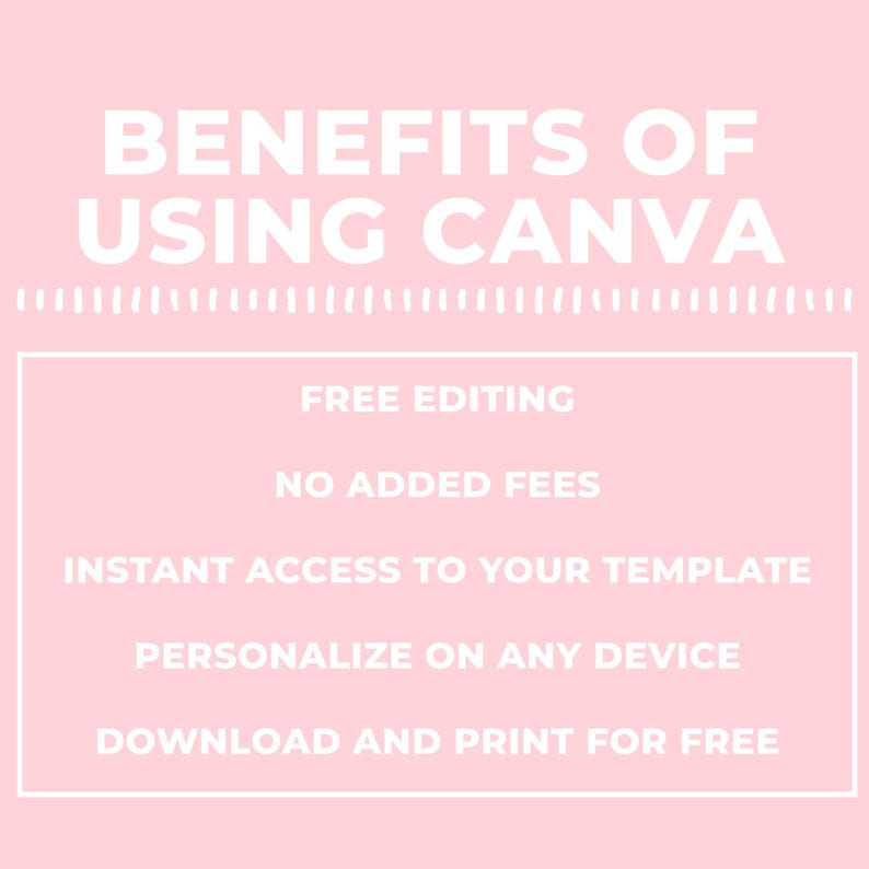 Puede incluir: Gr&aacute;fico rosa con texto blanco que enumera los beneficios de usar Canva. El texto dice: "BENEFICIOS DE USAR CANVA", seguido de "EDICI&Oacute;N GRATUITA", "SIN CARGOS ADICIONALES", "ACCESO INSTANT&Aacute;NEO A TU PLANTILLA", "PERSONALIZA EN CUALQUIER DISPOSITIVO" y "DESCARGA E IMPRIME GRATIS".