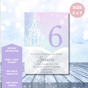 May include: A printable invitation for a 6th birthday party with a Frozen theme. The invitation features a light blue and purple background with a white ice castle and snowflakes. The text on the invitation reads "Join us for a flurry of fun as we celebrate Jessica. Sunday, February 18 at 2 PM. Elsa's Castle on the North Mountain. RSVP to Anna (123) 456-7890."