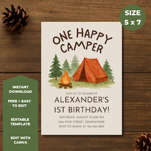 Camping 1st Birthday Invitation: Rustic Tent & Campfire (Digital Download)