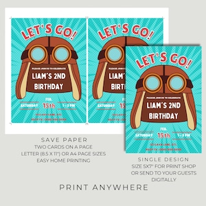 Puede incluir: Invitaciones de fiesta de cumplea&ntilde;os con un tema de aviador vintage. El dise&ntilde;o presenta una gorra de piloto marr&oacute;n con gafas, el texto "LET'S GO!" y detalles para el segundo cumplea&ntilde;os de Liam. Las invitaciones est&aacute;n sobre un fondo turquesa.
