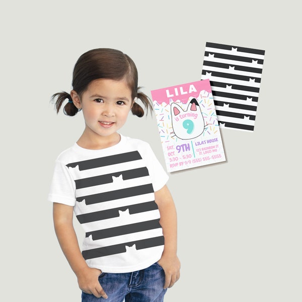 Striped Cat Party Bundle |  Birthday Shirt | Editable Birthday Invite | Canva | PNG | Digital Download