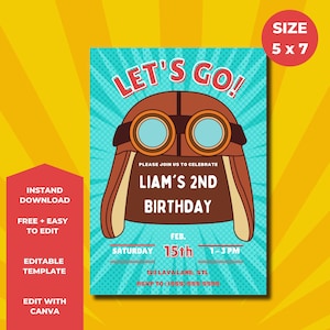 May include: A 5x7 inch birthday invitation with a brown aviator hat graphic and the text "LET'S GO!". The invitation includes the text "LIAM'S 2ND BIRTHDAY" and event details. The background is light blue with a radial pattern.