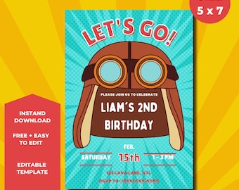 Personalisierbar Vintage Luftfahrt Geburtstagseinladung - Adventure Theme - Canva - Digitaler Download