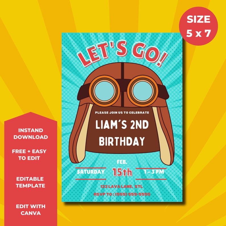 Puede incluir: Una invitaci&oacute;n de cumplea&ntilde;os de 5x7 pulgadas con un gr&aacute;fico de gorro de aviador marr&oacute;n y el texto "LET'S GO!". La invitaci&oacute;n incluye el texto "LIAM'S 2ND BIRTHDAY" y los detalles del evento. El fondo es azul claro con un patr&oacute;n radial.